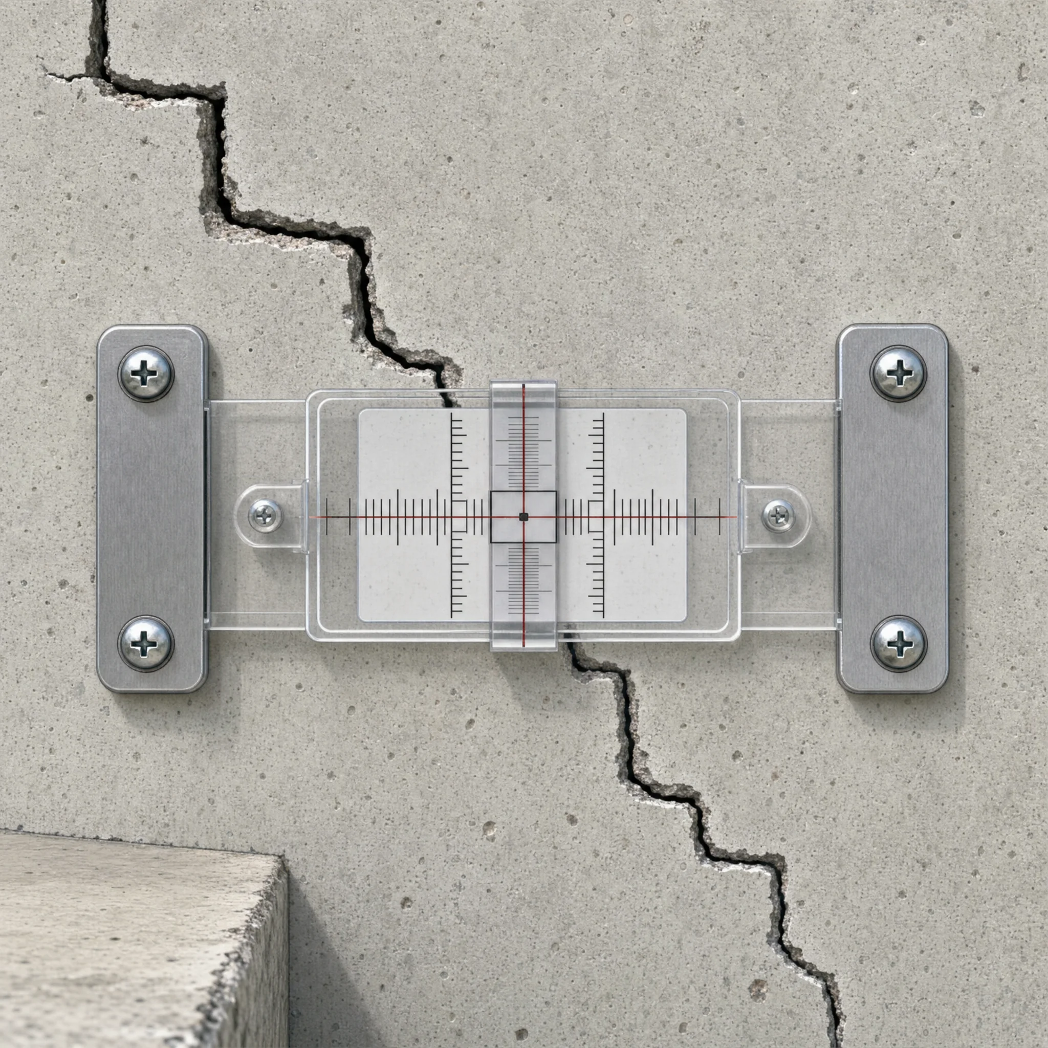 Close-up technical illustration of a crack monitoring gauge mounted on a concrete foundation wall over a diagonal stair-step crack, showing measurement markings.