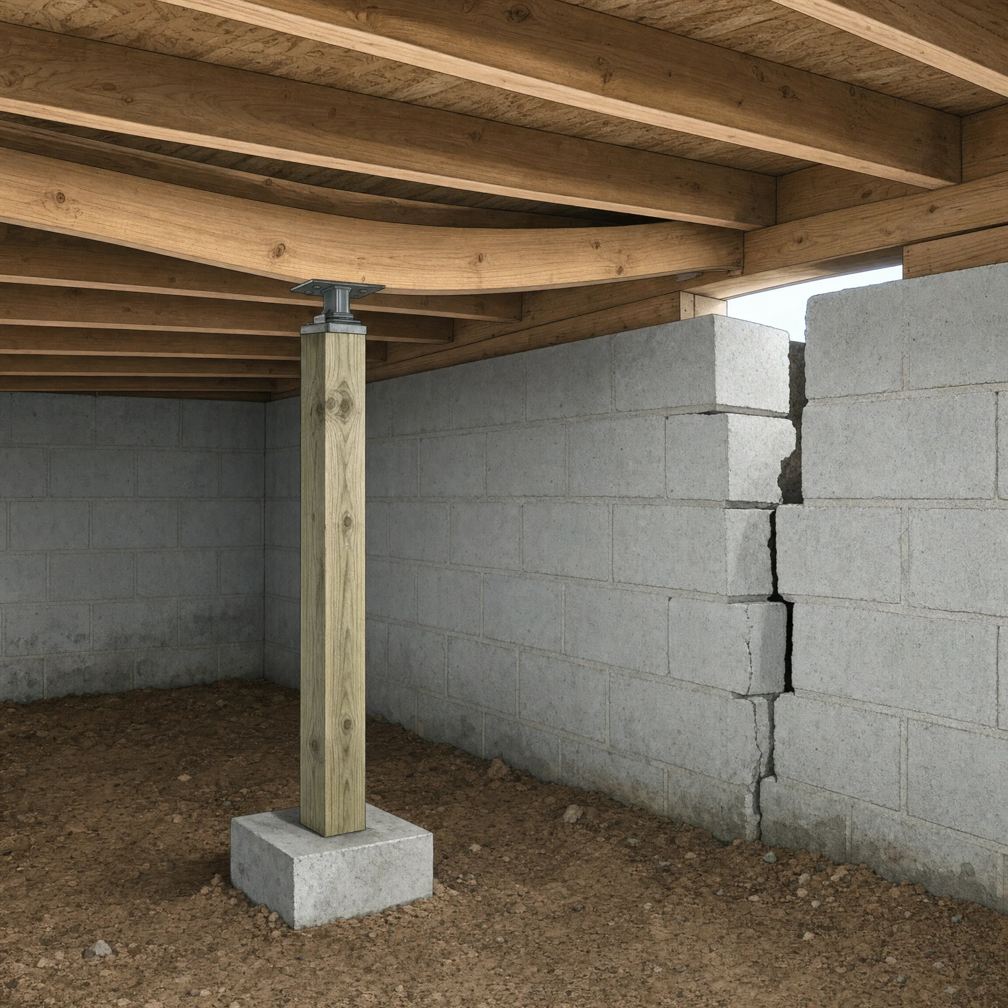 Interior illustration of a residential crawl space showing a support post beneath a sagging floor joist, with a visible gap where the joist has pulled away from the foundation wall at the corner.