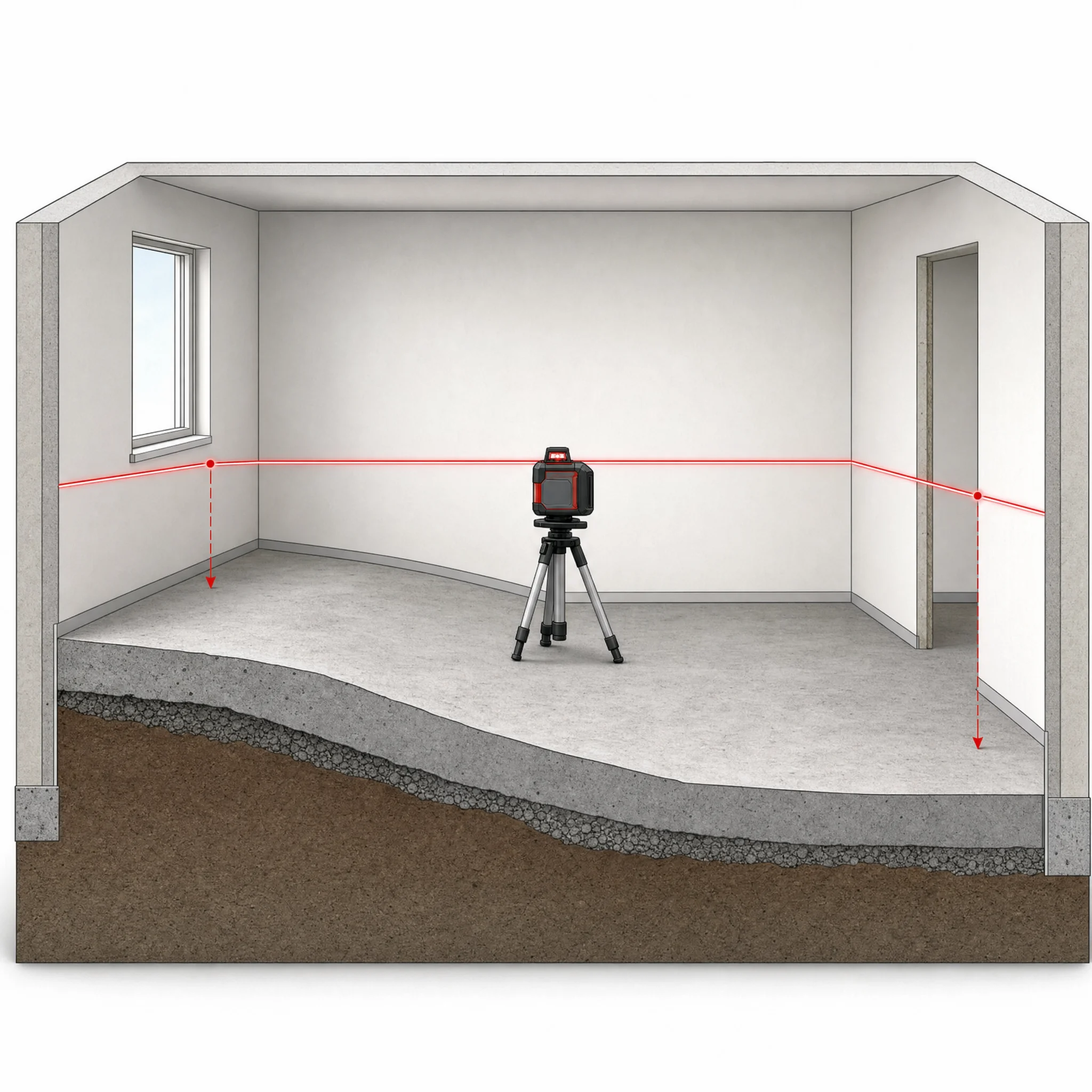 Illustration of a laser level tool projecting a level reference line across an interior room floor to show elevation variation from one side of the room to the other.