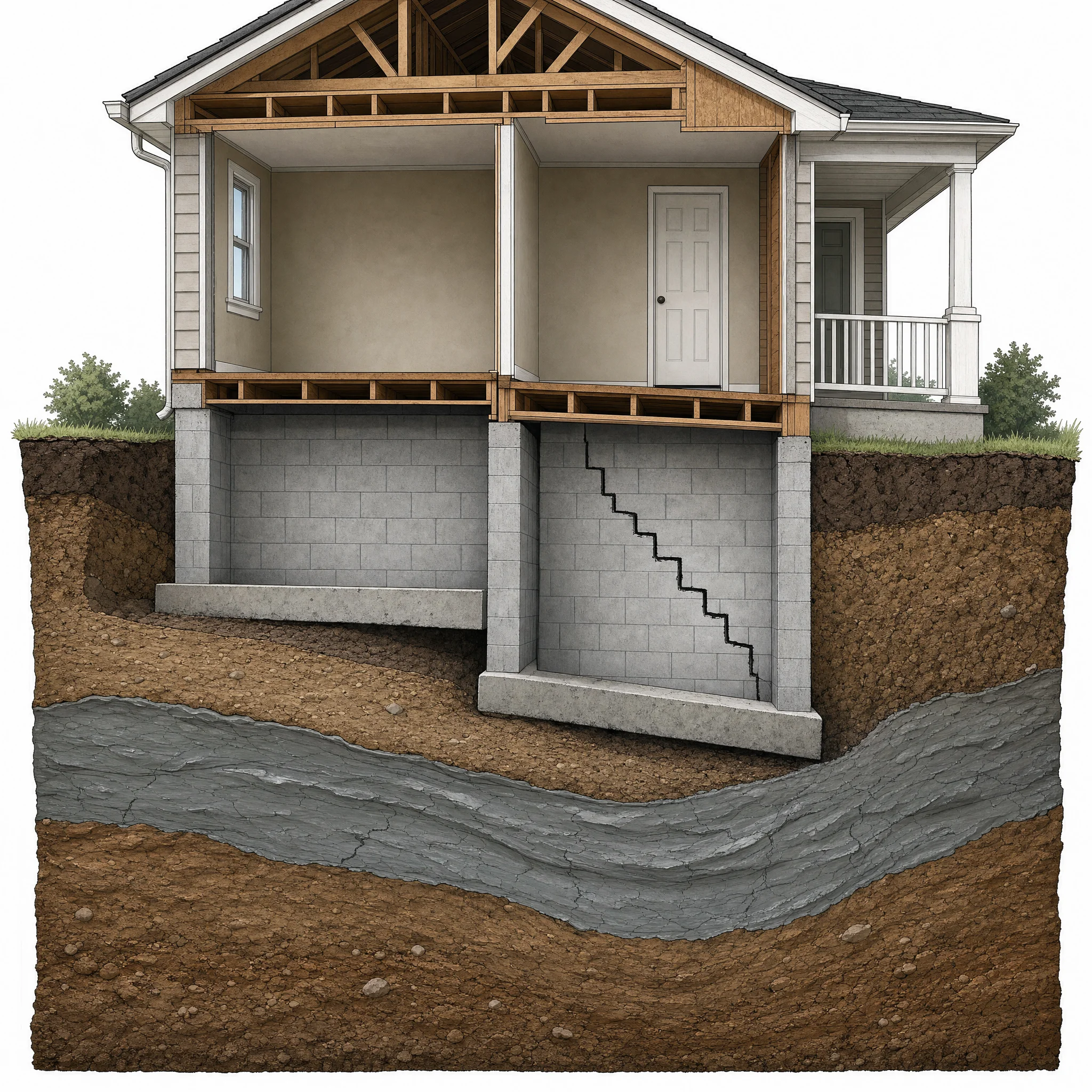 Architectural cutaway illustration of a residential foundation showing differential settlement, with one side of the footing lower than the other and a stair-step crack running through the concrete block foundation wall.
