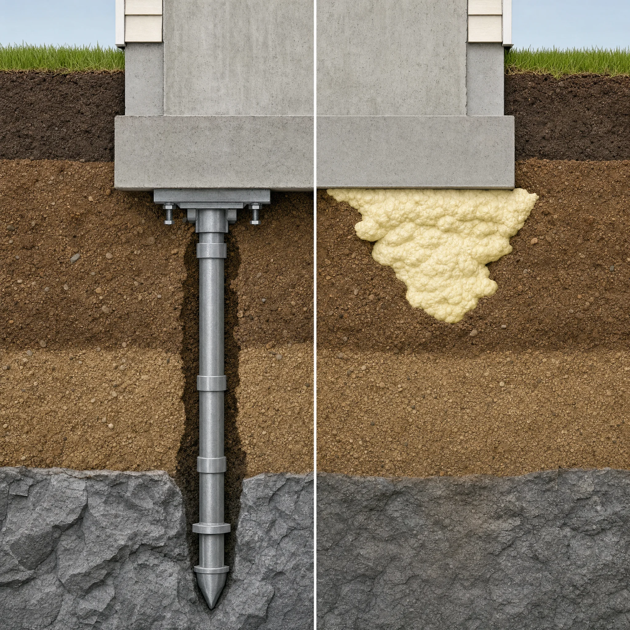 Side-by-side cross-section illustration comparing two foundation repair methods beneath a footing: a steel push pier system driven to bedrock, and expanding polyurethane foam injected beneath the footing.