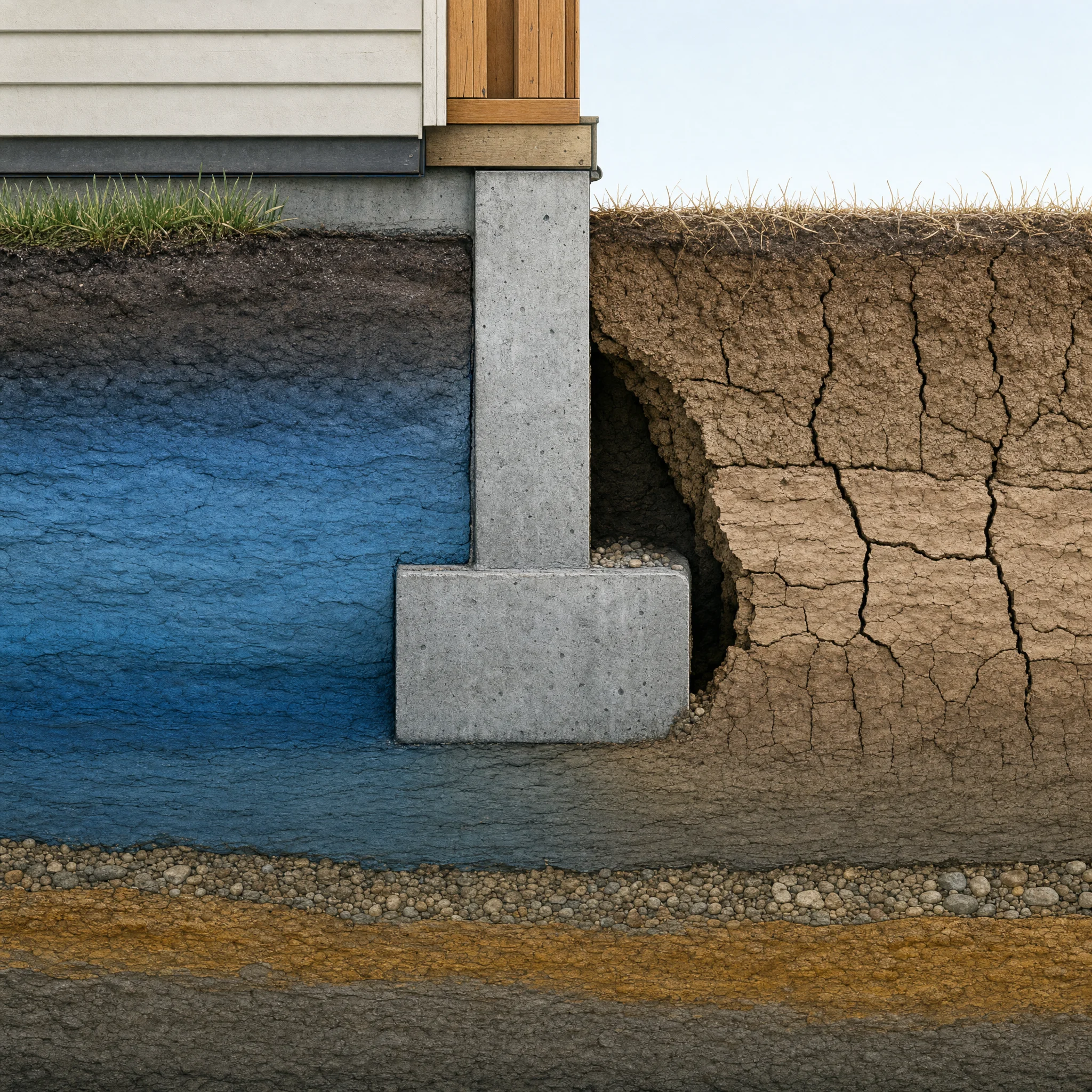Cross-section illustration of soil layers beneath a house foundation footing, showing an expansive clay layer that has shrunk away from the footing on one side, leaving a gap.